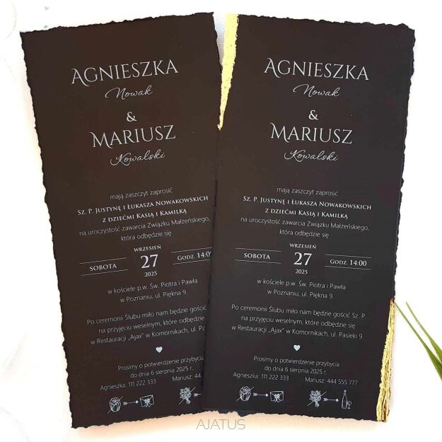 DL CZARNE ZAPROSZENIE ZE ZŁOCENIEM SZARPANE