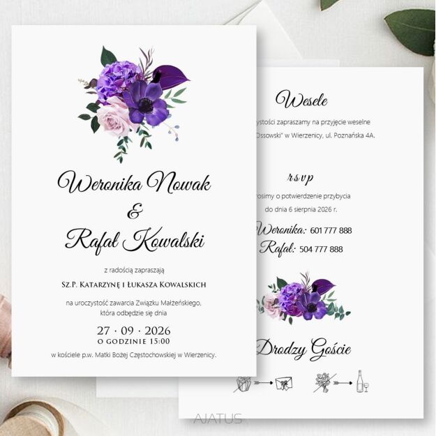 KOD022 ZAPROSZENIA FORMAT B6 KWIATY FIOLET